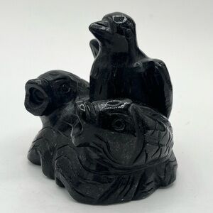 ELEGANTCHARM Chinese Hand Carved Black Stone Bird and Fish Figurine 3.5” EUC
